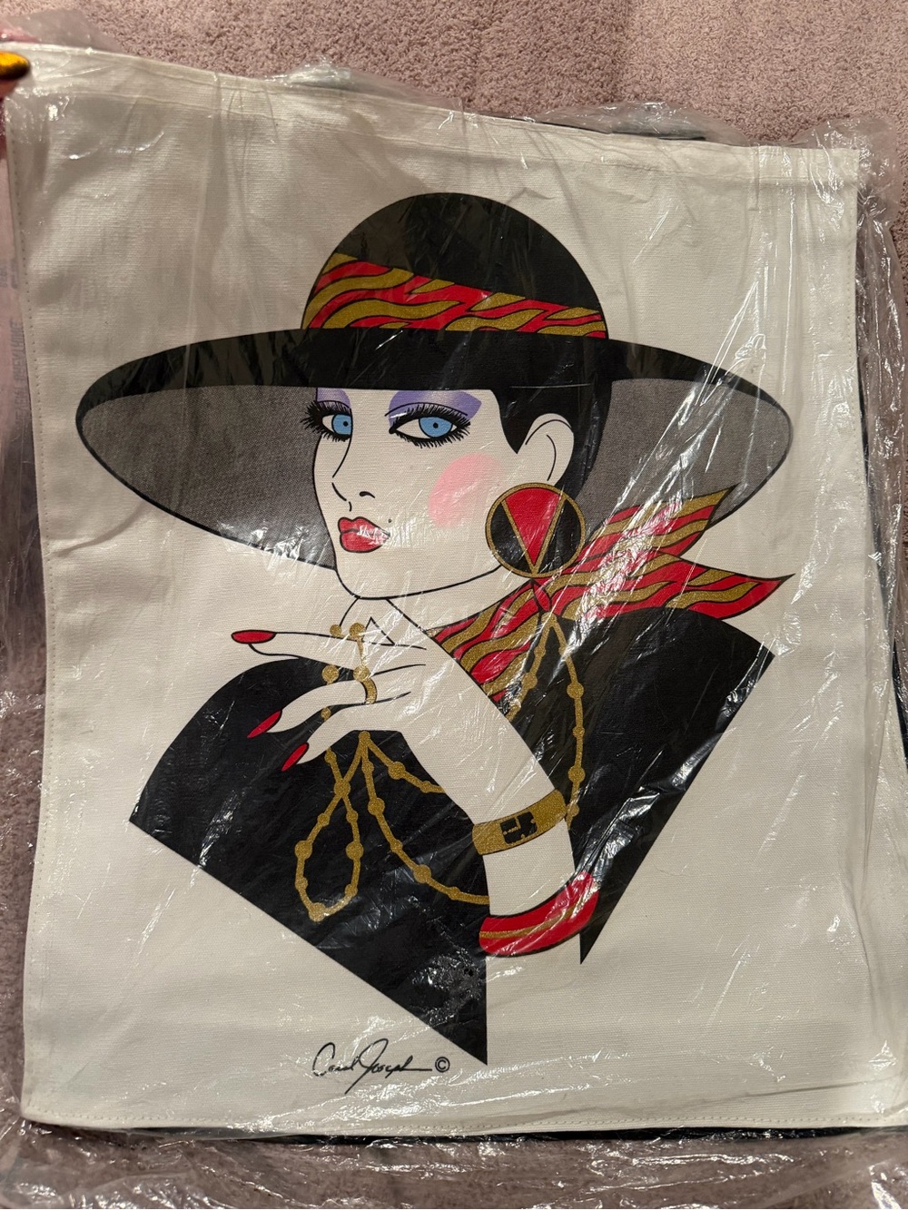 Carol Joseph Vintage 80’s fashion illustrated Canvas Tote Bag in Cream and Black